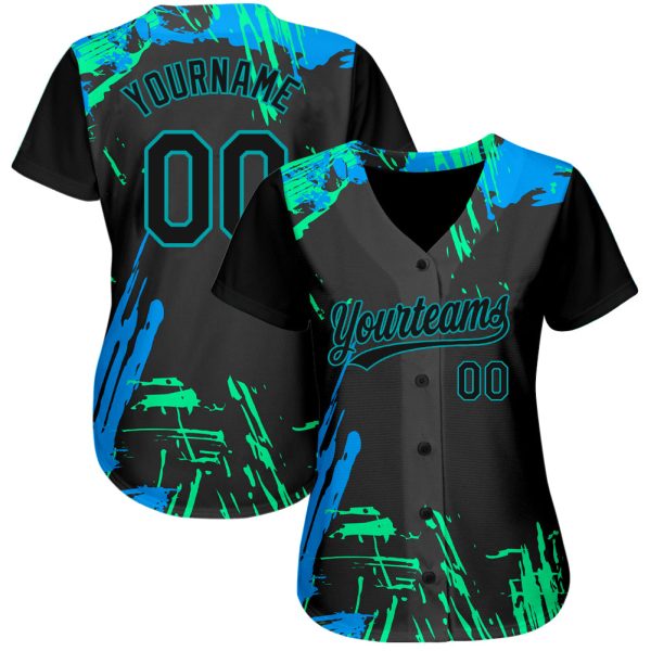 Custom Black Black Teal-Light Blue 3D Pattern Design Authentic Baseball Jersey - Image 2