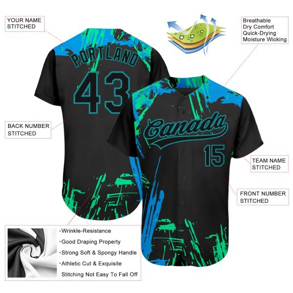 Custom Black Black Teal-Light Blue 3D Pattern Design Authentic Baseball Jersey - Image 3