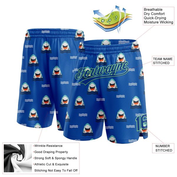Custom Royal Pea Green 3D Pattern Sharks Authentic Basketball Shorts - Image 2