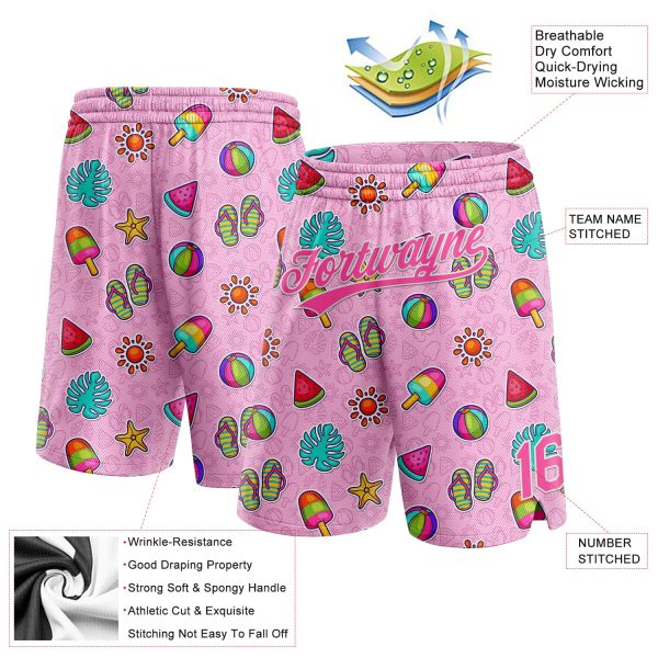 Custom Pink White 3D Pattern Summer Ice Cream And Watermelon Authentic Basketball Shorts - Image 2