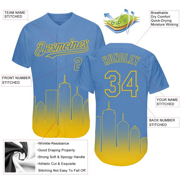 Custom Light Blue Yellow 3D Boston City Edition Fade Fashion Authentic Baseball Jersey - Image 3