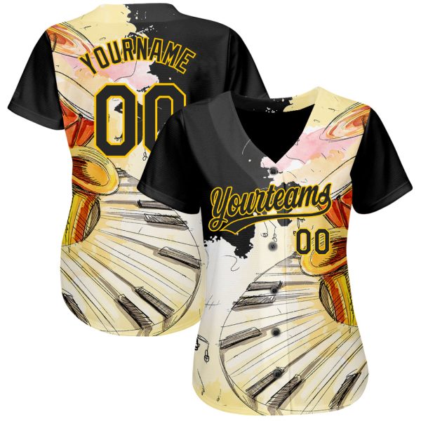 Custom White Black-Yellow 3D Pattern Design Music Festival Watercolor International Jazz Day Authentic Baseball Jersey - Image 2