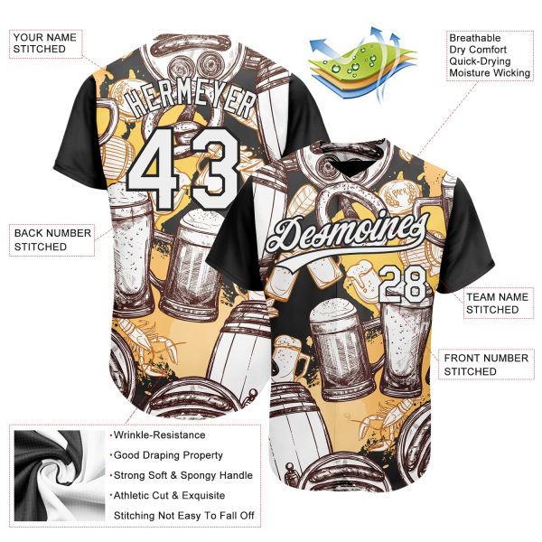 Custom White Black 3D Pattern Design Beer Festival Authentic Baseball Jersey - Image 3