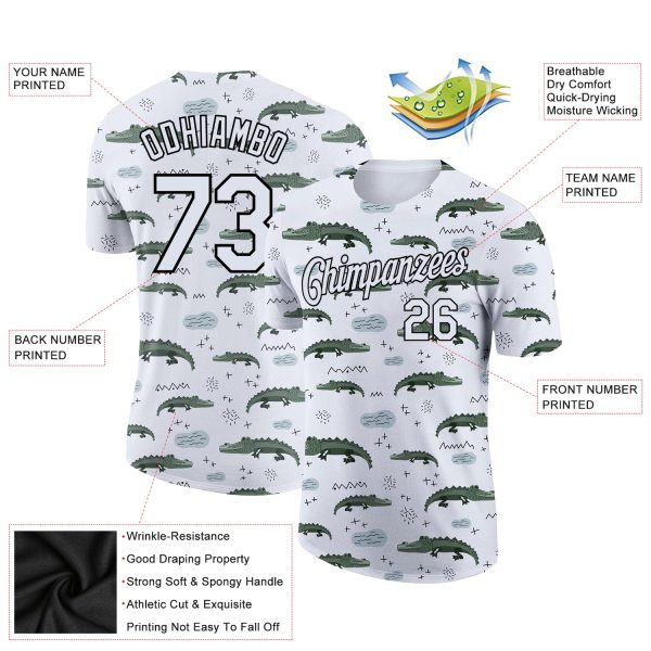 Custom White Black 3D Pattern Design Crocodile Performance T-Shirt - Image 2