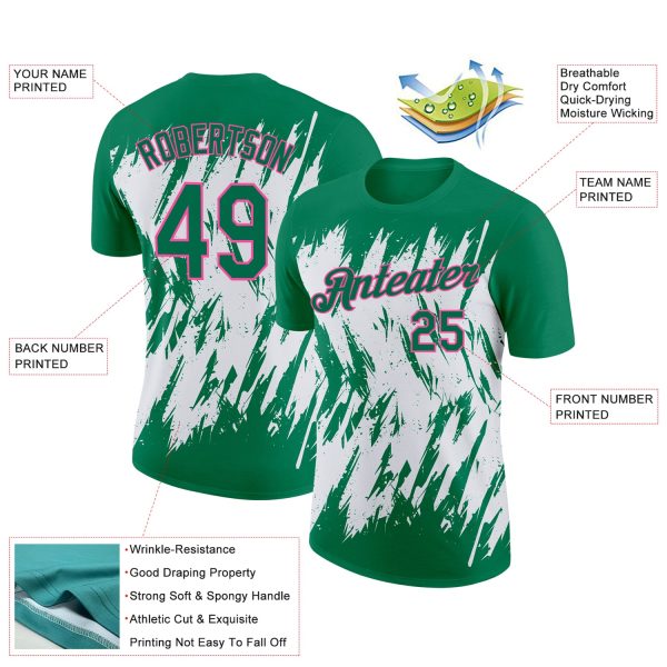 Custom Kelly Green White-Pink 3D Pattern Design Abstract Sharp Shape Performance T-Shirt - Image 2