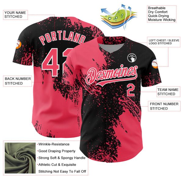 Custom Neon Pink Black-White 3D Pattern Design Abstract Brush Stroke Authentic Baseball Jersey - Image 3