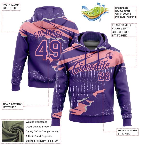 Custom Stitched Purple Medium Pink 3D Pattern Design Torn Paper Style Sports Pullover Sweatshirt Hoodie - Image 2