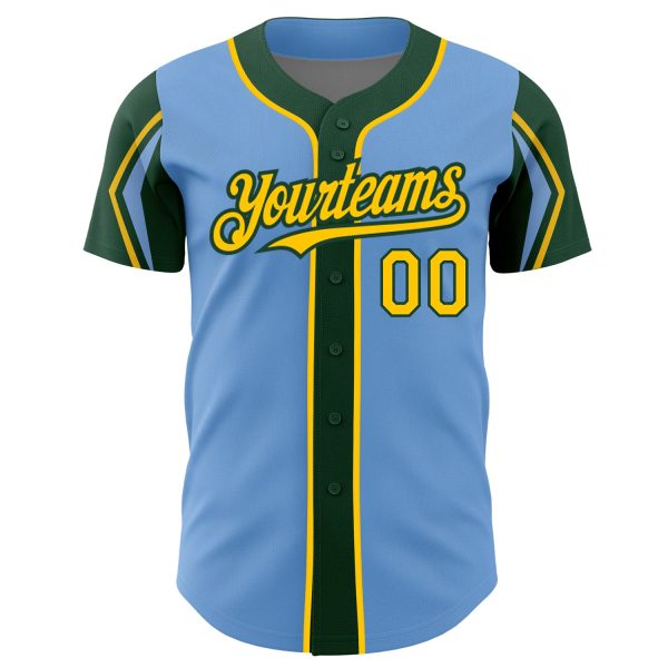 Custom Light Blue Yellow-Green 3 Colors Arm Shapes Authentic Baseball Jersey - Image 3