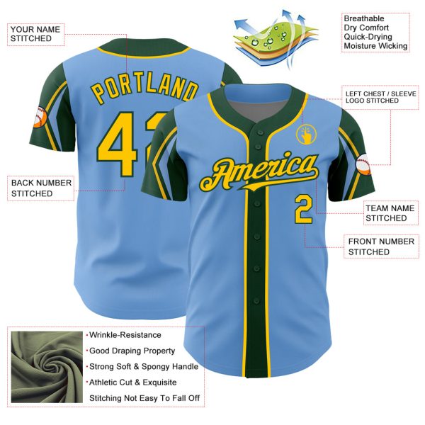 Custom Light Blue Yellow-Green 3 Colors Arm Shapes Authentic Baseball Jersey - Image 4