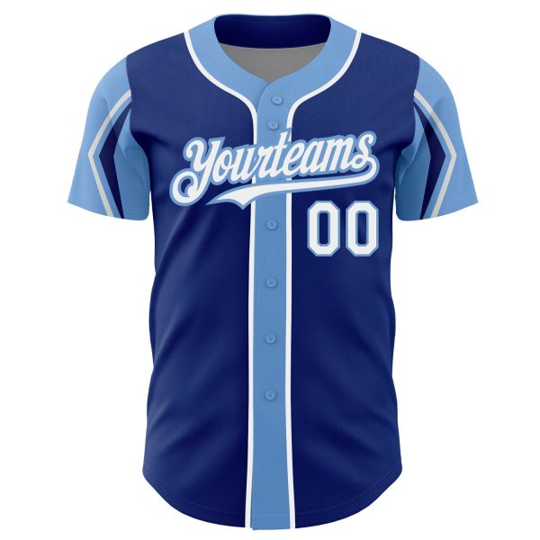 Custom Royal White-Light Blue 3 Colors Arm Shapes Authentic Baseball Jersey - Image 3