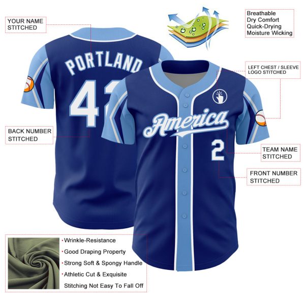 Custom Royal White-Light Blue 3 Colors Arm Shapes Authentic Baseball Jersey - Image 4