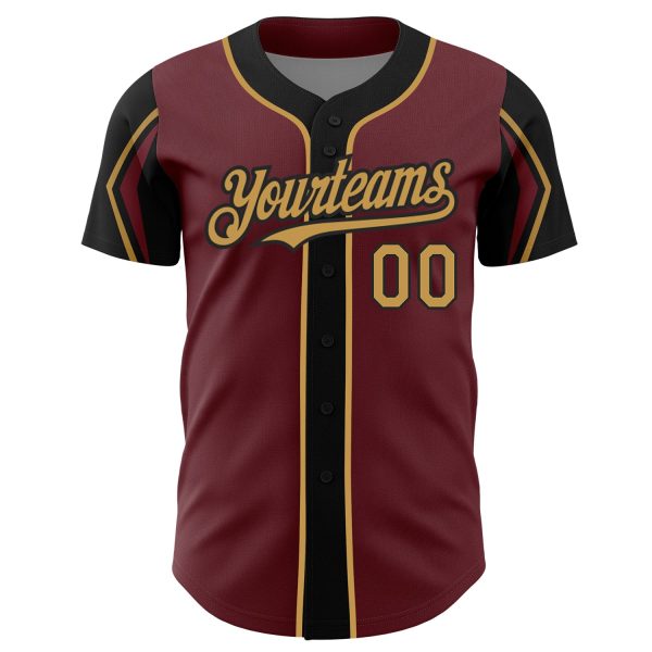 Custom Burgundy Old Gold-Black 3 Colors Arm Shapes Authentic Baseball Jersey - Image 3