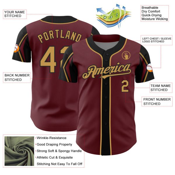 Custom Burgundy Old Gold-Black 3 Colors Arm Shapes Authentic Baseball Jersey - Image 4