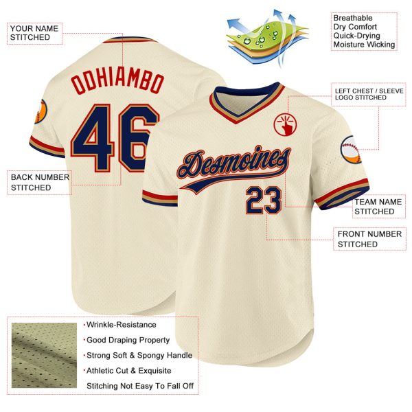 Custom Cream Navy Old Gold-Red Authentic Throwback Baseball Jersey - Image 3