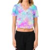 Custom Women's Tie Dye White-Light Blue Watercolor Gradient 3D V-Neck Cropped Baseball Jersey - Image 2