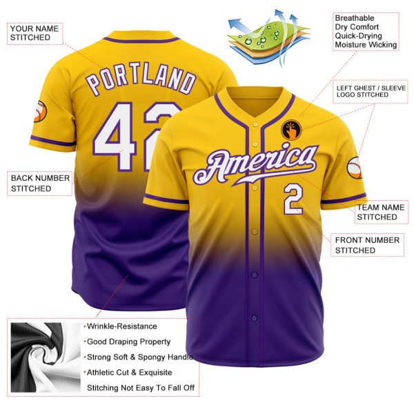 Custom Yellow White-Purple Authentic Fade Fashion Baseball Jersey - Image 2