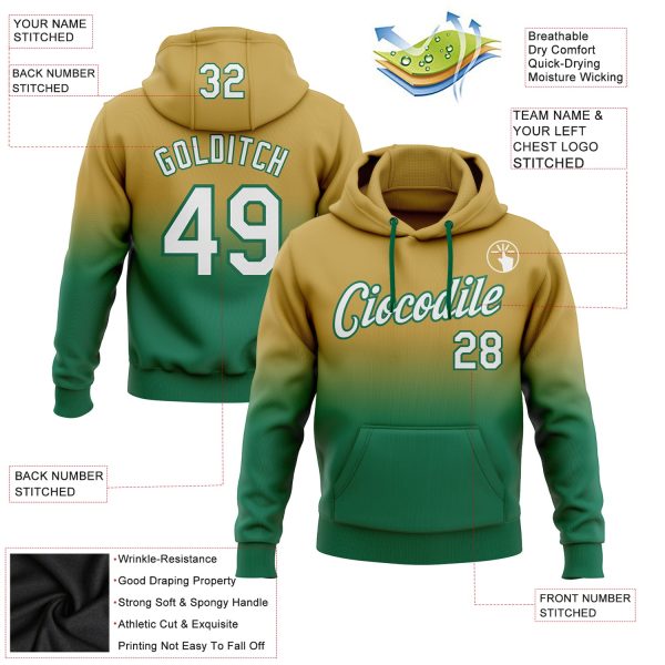 Custom Stitched Old Gold White-Kelly Green Fade Fashion Sports Pullover Sweatshirt Hoodie - Image 2