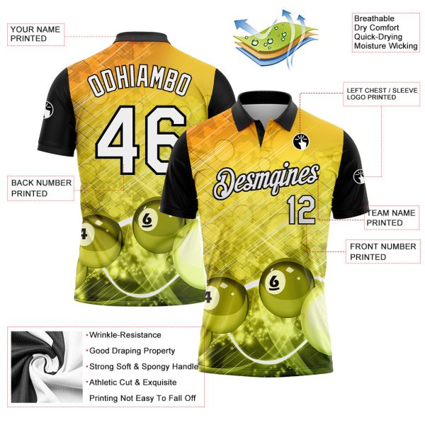 Custom Yellow White-Black 3D Pattern Design Billiards Performance Polo Shirt - Image 2