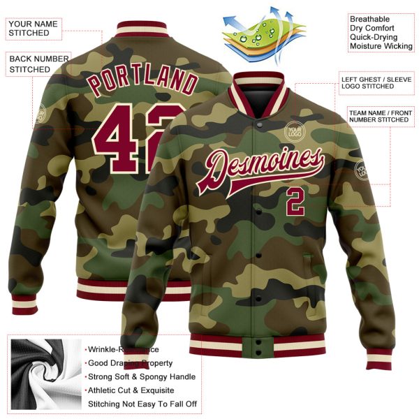 Custom Camo Maroon-Cream Bomber Full-Snap Varsity Letterman Salute To Service Jacket - Image 3