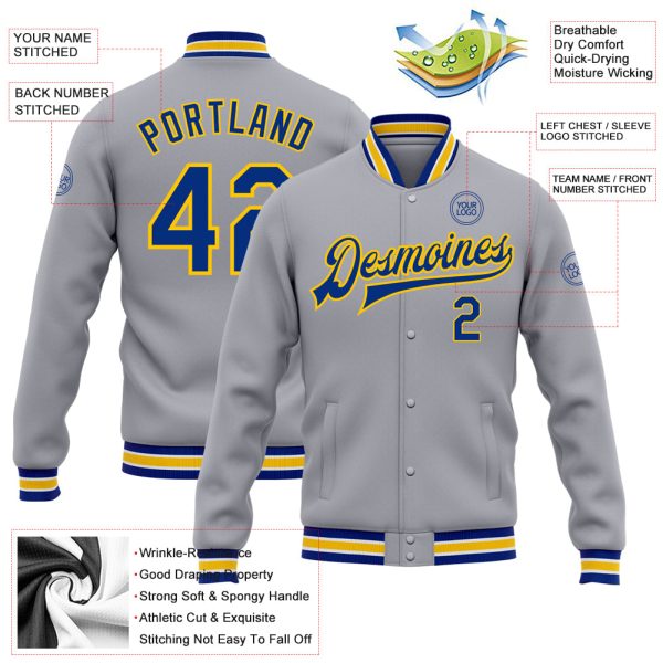 Custom Gray Royal-Yellow Bomber Full-Snap Varsity Letterman Jacket - Image 3