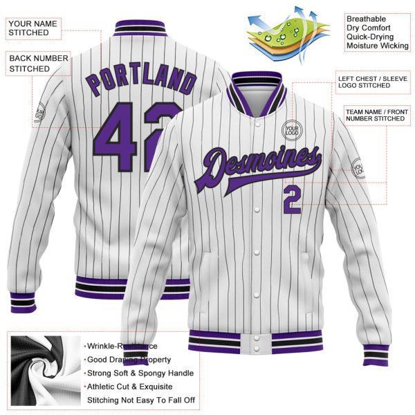 Custom White Black Pinstripe Purple Bomber Full-Snap Varsity Letterman Jacket - Image 3