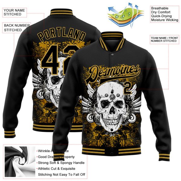 Custom Black Old Gold Skull With Wing 3D Bomber Full-Snap Varsity Letterman Jacket - Image 3