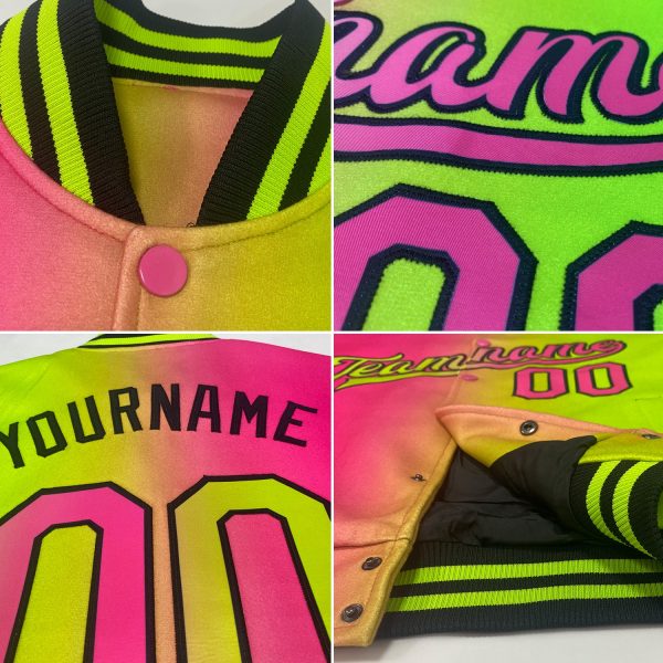 Custom Teal Neon Yellow-Black Bomber Full-Snap Varsity Letterman Gradient Fashion Jacket - Image 2