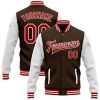 Custom Brown Red-White Bomber Full-Snap Varsity Letterman Two Tone Jacket