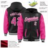 Custom Black Pink-White Bomber Full-Snap Varsity Letterman Two Tone Hoodie Jacket - Image 3