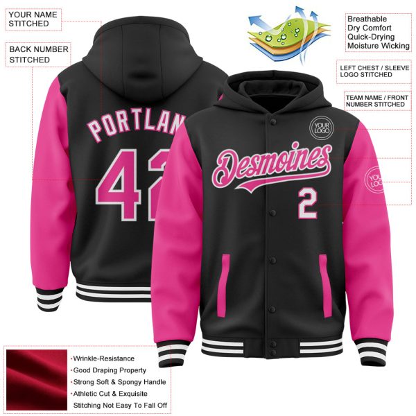 Custom Black Pink-White Bomber Full-Snap Varsity Letterman Two Tone Hoodie Jacket - Image 3
