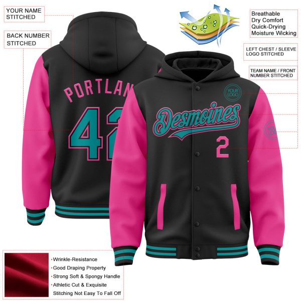 Custom Black Teal-Pink Bomber Full-Snap Varsity Letterman Two Tone Hoodie Jacket - Image 3