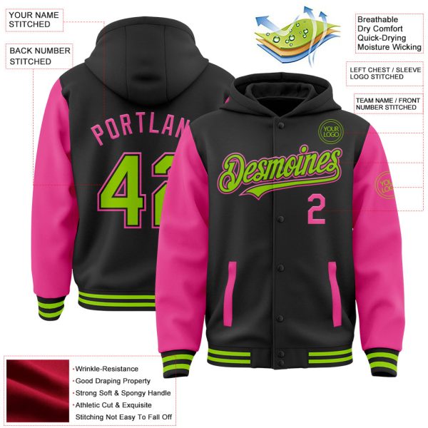 Custom Black Neon Green-Pink Bomber Full-Snap Varsity Letterman Two Tone Hoodie Jacket - Image 3