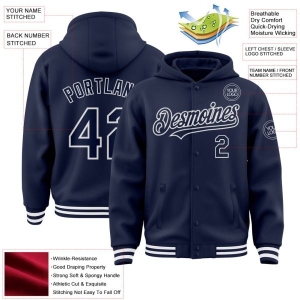 Custom Navy White Bomber Full-Snap Varsity Letterman Hoodie Jacket - Image 3