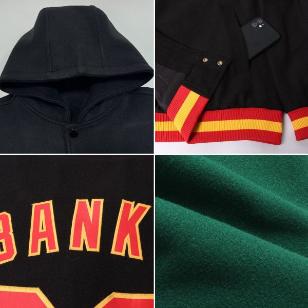 Custom Green Orange-White Bomber Full-Snap Varsity Letterman Two Tone Hoodie Jacket - Image 2
