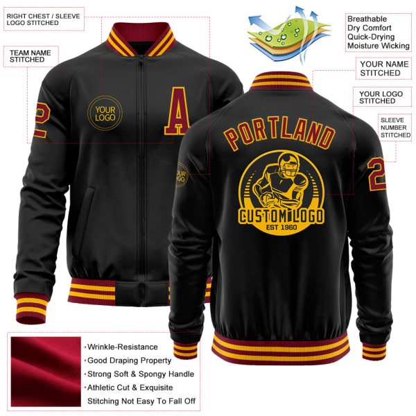 Custom Black Crimson-Gold Bomber Varsity Letterman Zipper Jacket - Image 3