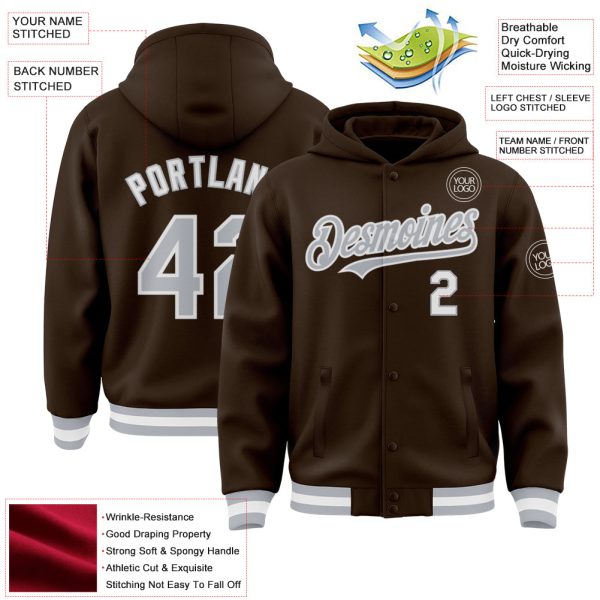 Custom Brown Gray-White Bomber Full-Snap Varsity Letterman Hoodie Jacket - Image 3