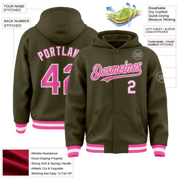 Custom Olive Pink-White Bomber Full-Snap Varsity Letterman Salute To Service Hoodie Jacket - Image 3