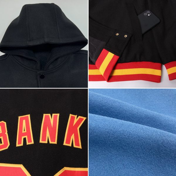 Custom Light Blue Texas Orange-White Bomber Full-Snap Varsity Letterman Two Tone Hoodie Jacket - Image 2