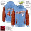 Custom Light Blue Texas Orange-White Bomber Full-Snap Varsity Letterman Two Tone Hoodie Jacket - Image 3