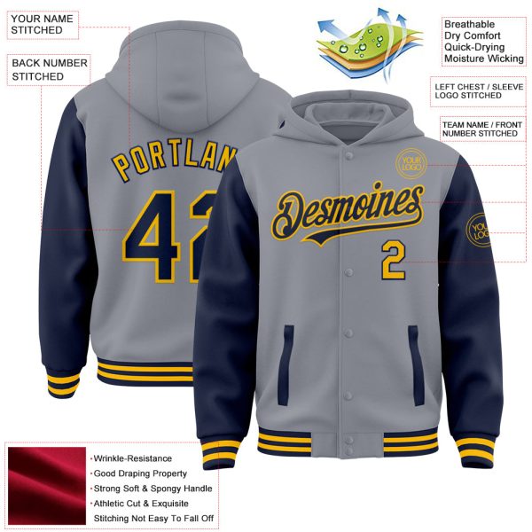 Custom Gray Navy-Gold Bomber Full-Snap Varsity Letterman Two Tone Hoodie Jacket - Image 3