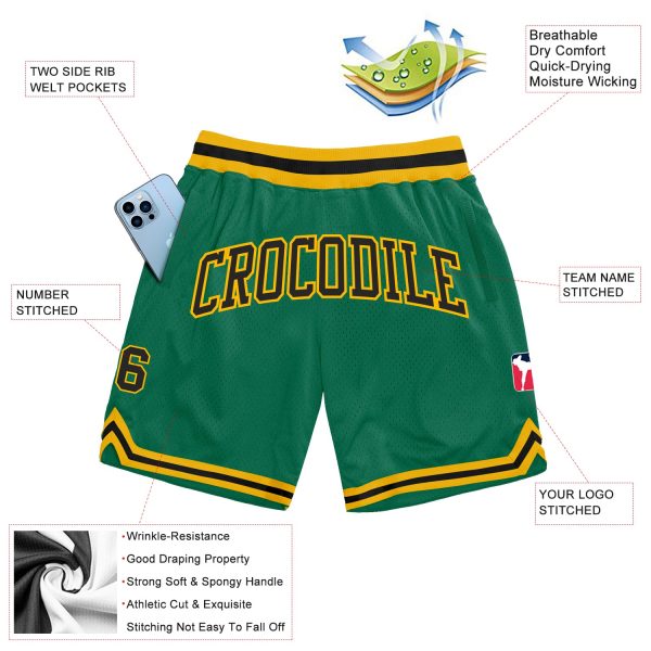 Custom Kelly Green Black-Gold Authentic Throwback Basketball Shorts - Image 2