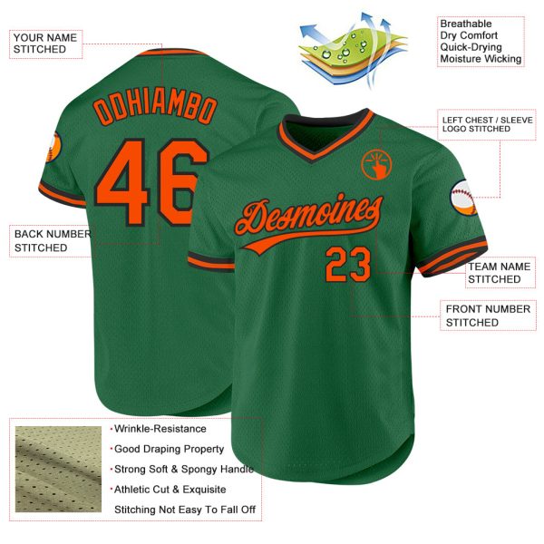 Custom Kelly Green Orange-Black Authentic Throwback Baseball Jersey - Image 3