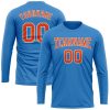 Custom Powder Blue Orange-White Long Sleeve Performance T-Shirt - Image 2