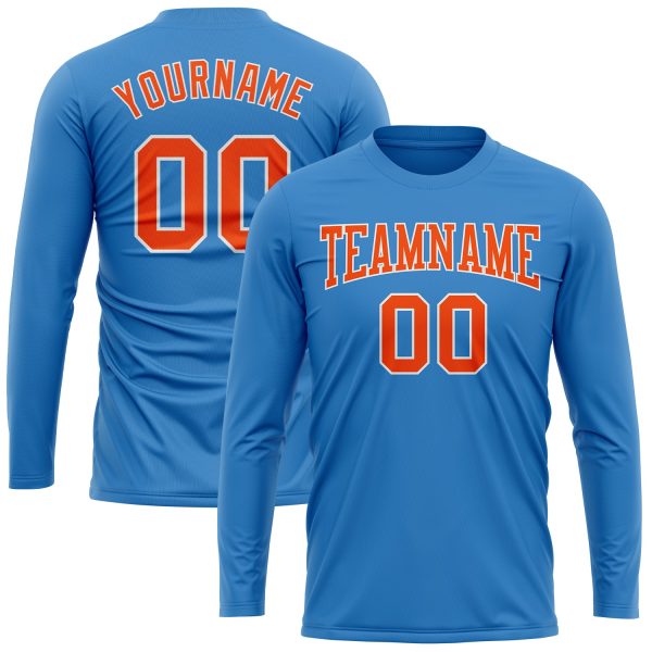 Custom Powder Blue Orange-White Long Sleeve Performance T-Shirt - Image 2