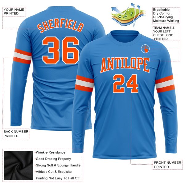 Custom Powder Blue Orange-White Long Sleeve Performance T-Shirt - Image 3