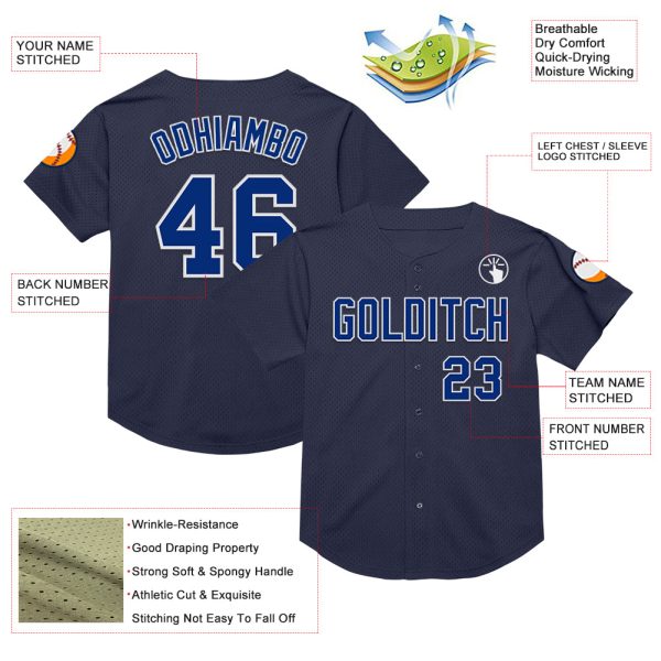 Custom Navy Royal-White Mesh Authentic Throwback Baseball Jersey - Image 3
