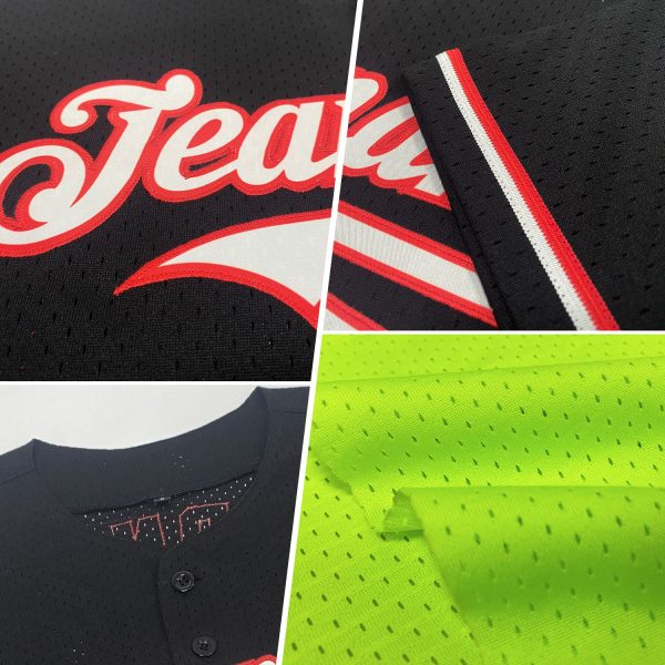 Custom Neon Green Crimson-Black Mesh Authentic Throwback Baseball Jersey - Image 2