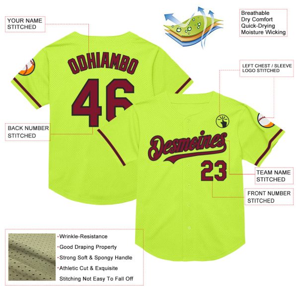 Custom Neon Green Crimson-Black Mesh Authentic Throwback Baseball Jersey - Image 3