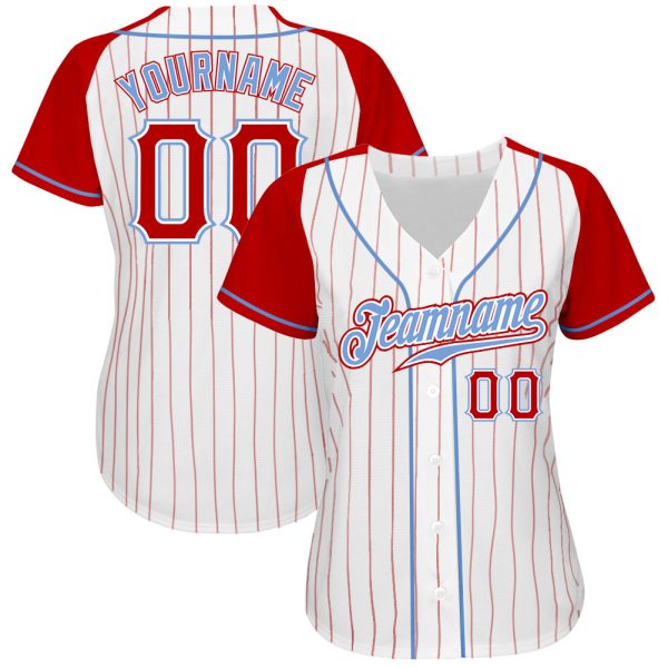 Custom White Red Pinstripe Red-Light Blue Authentic Raglan Sleeves Baseball Jersey - Image 2