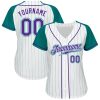 Custom White Aqua Pinstripe Purple-Aqua Authentic Raglan Sleeves Baseball Jersey - Image 2